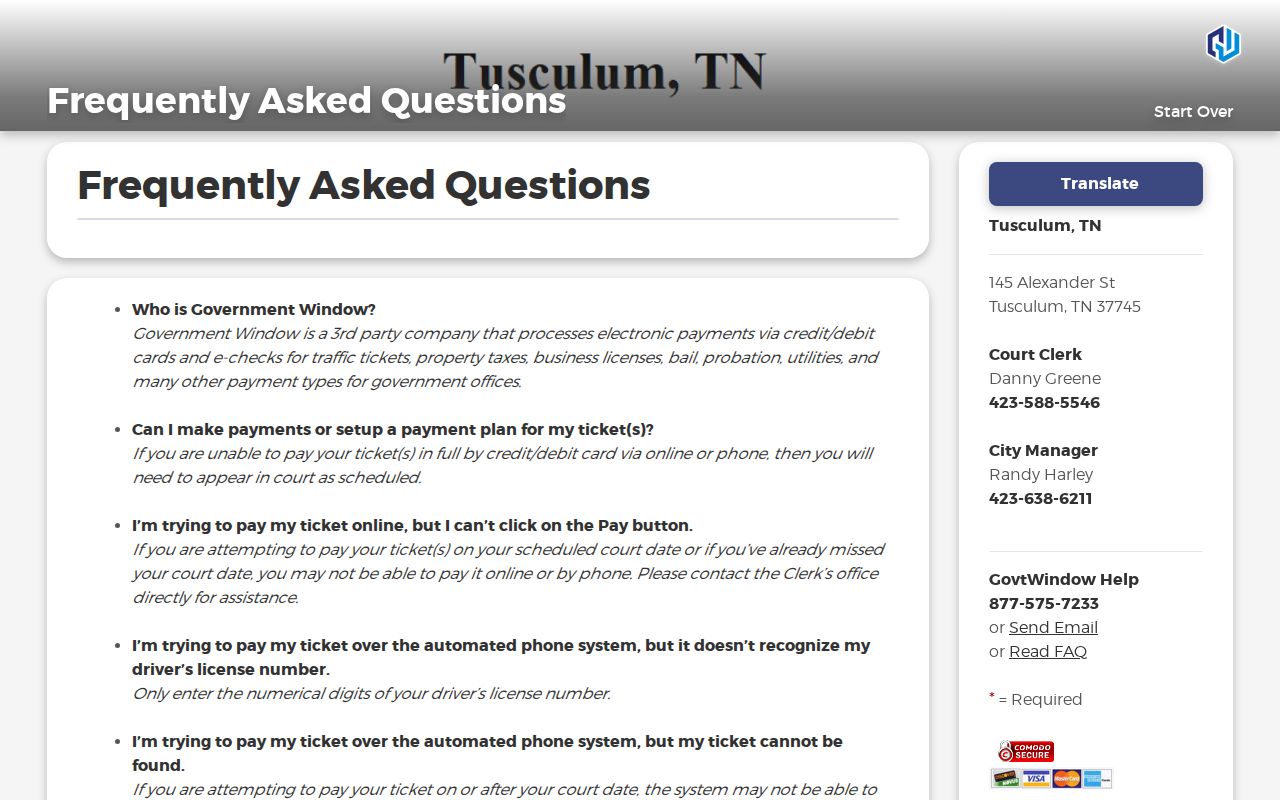 Tusculum court docket payment FAQ and missing ticket guidance
