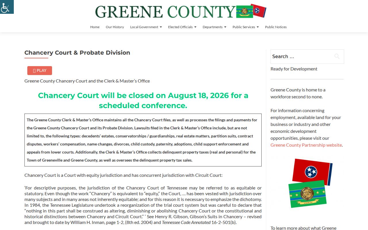 Greene County court docket Chancery and Probate calendar